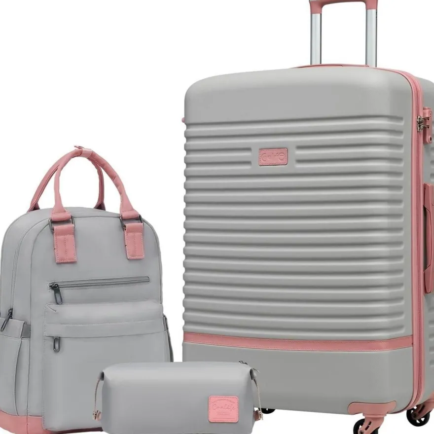 Coolife Koffer Trolley ABS Hartschale 4 Rollen TSA-Schloss 3tlg Grau/Rosa