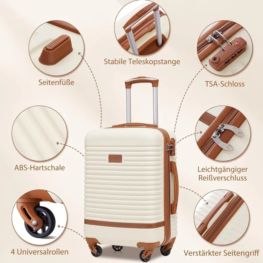 Coolife Koffer Trolley ABS Hartschale 4 Rollen TSA-Schloss 3tlg Grau/Rosa
