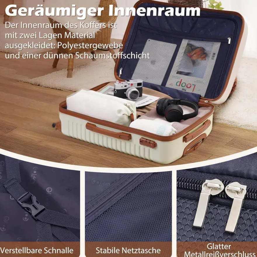 Coolife Koffer Trolley ABS Hartschale 4 Rollen TSA-Schloss 3tlg Grau/Rosa
