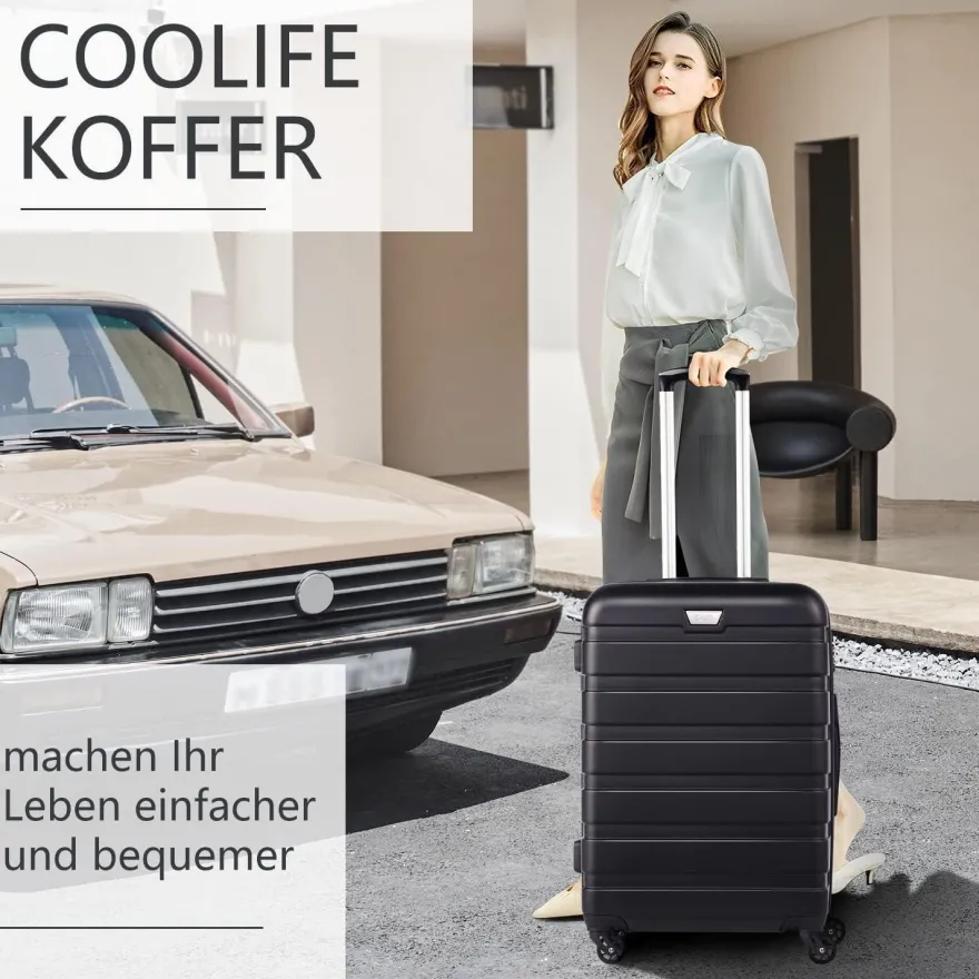 Coolife Premium Hartschalenkoffer 4 Rollen Handgepäck TSA-Schloss Schwarz