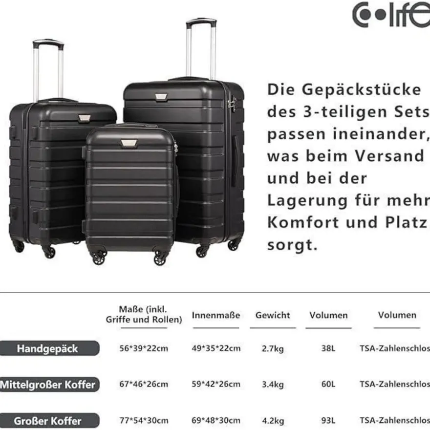 Coolife Premium Hartschalenkoffer 4 Rollen Handgepäck TSA-Schloss Schwarz