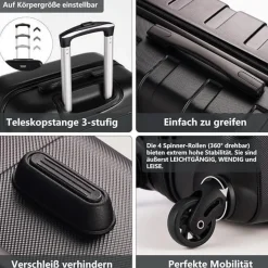 Coolife Premium Hartschalenkoffer 4 Rollen Handgepäck TSA-Schloss Schwarz
