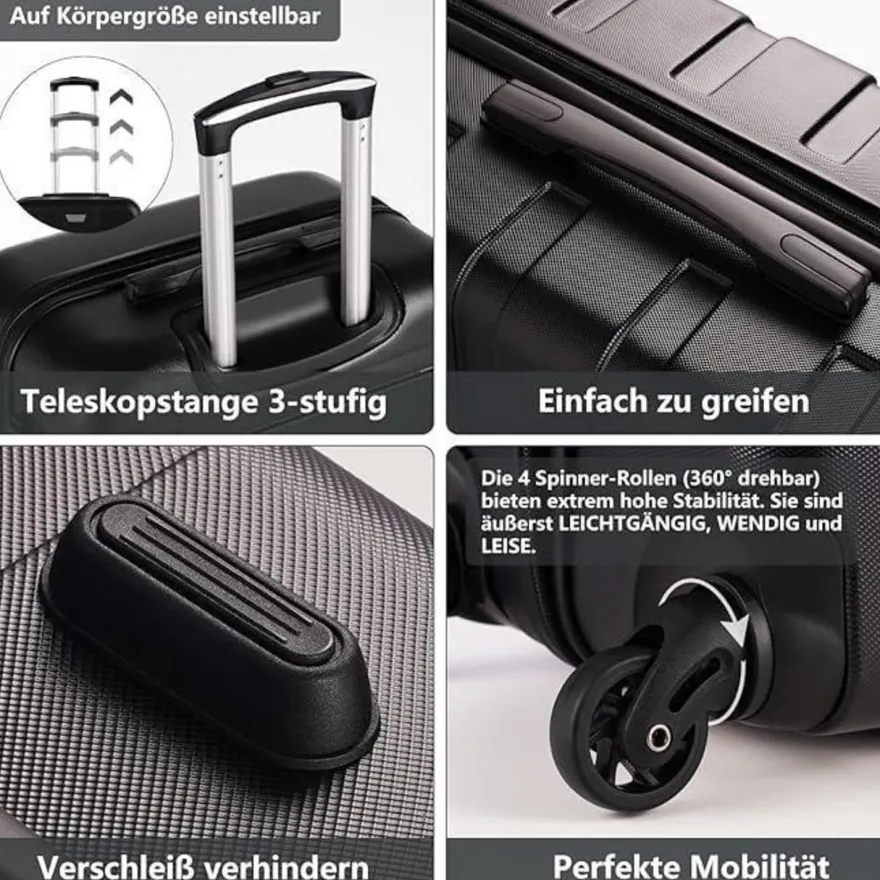 Coolife Premium Hartschalenkoffer 4 Rollen Handgepäck TSA-Schloss Schwarz