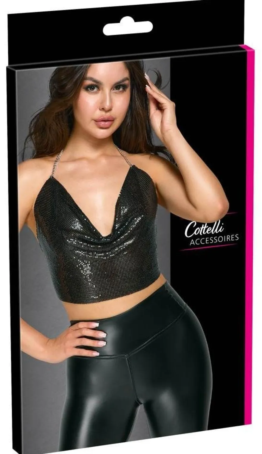 Cottelli Crop-Top rückenfrei, schwarz-silber, Wasserfall-Ausschnitt