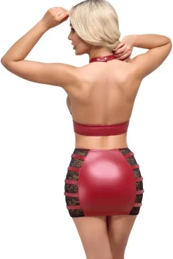 Cottelli PARTY Wetlook Neckholder-Top und Minirock Set, rot/schwarz