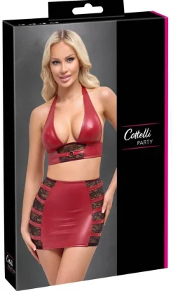 Cottelli PARTY Wetlook Neckholder-Top und Minirock Set, rot/schwarz