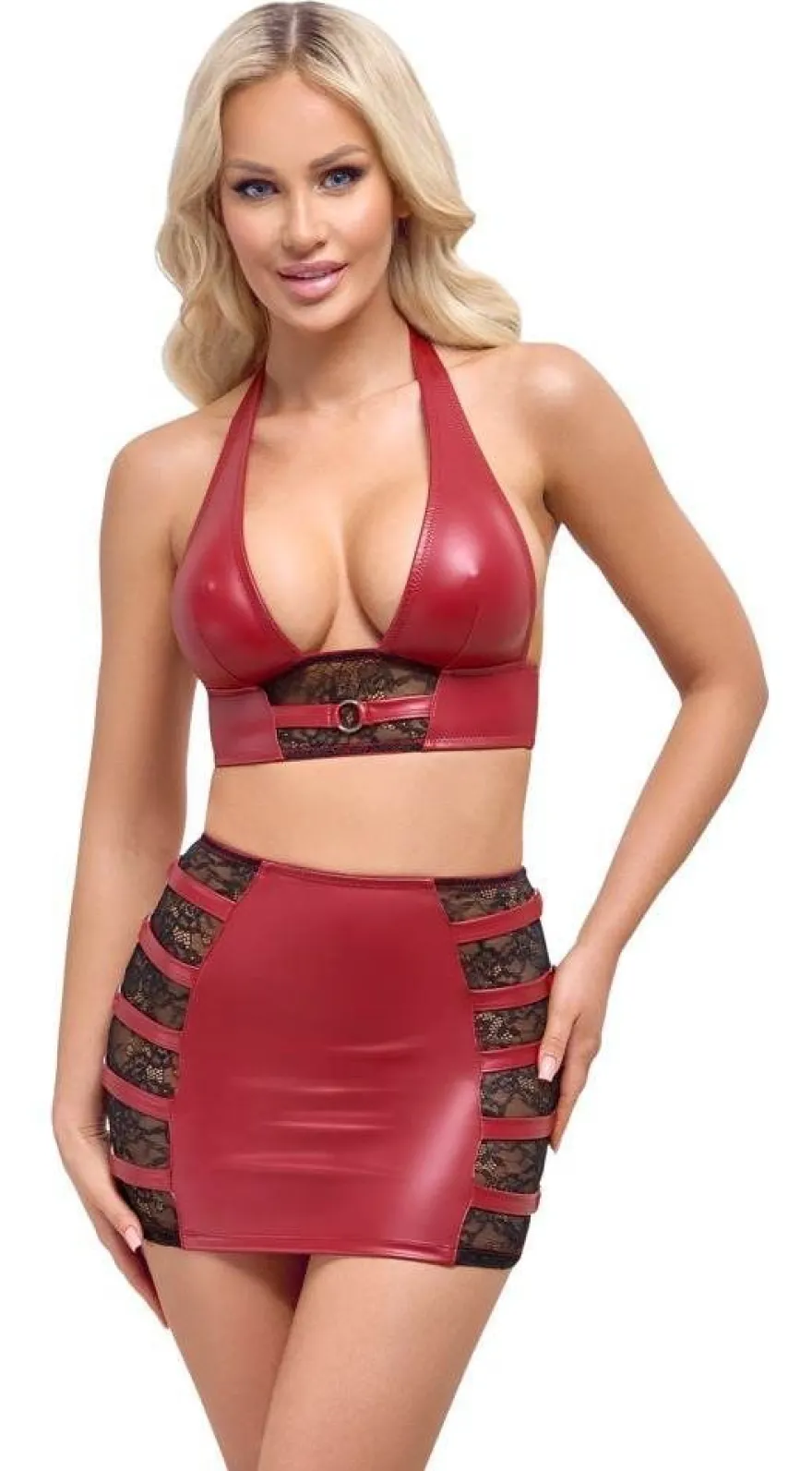 Cottelli PARTY Wetlook Neckholder-Top und Minirock Set, rot/schwarz