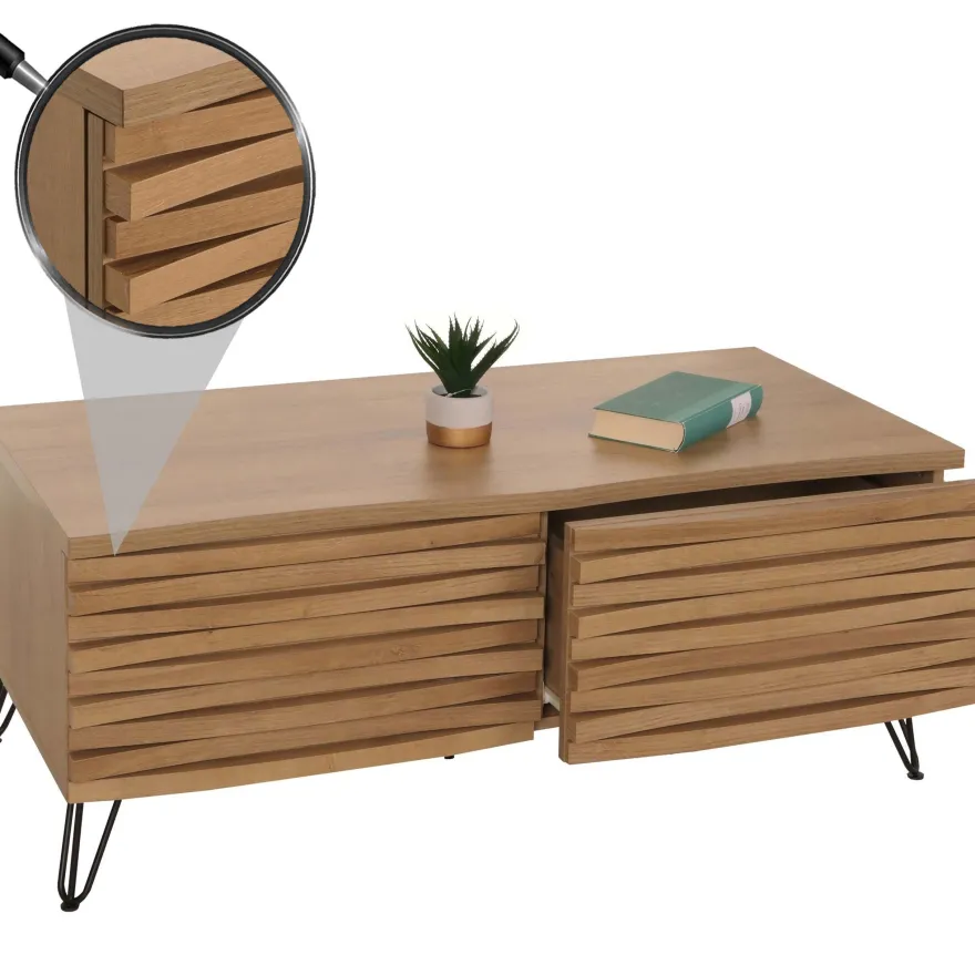 Couchtisch HWC-M49, 3D-Design 2 Schubladen MDF Metall 46x110x55cm