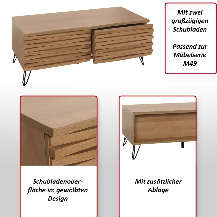 Couchtisch HWC-M49, 3D-Design 2 Schubladen MDF Metall 46x110x55cm