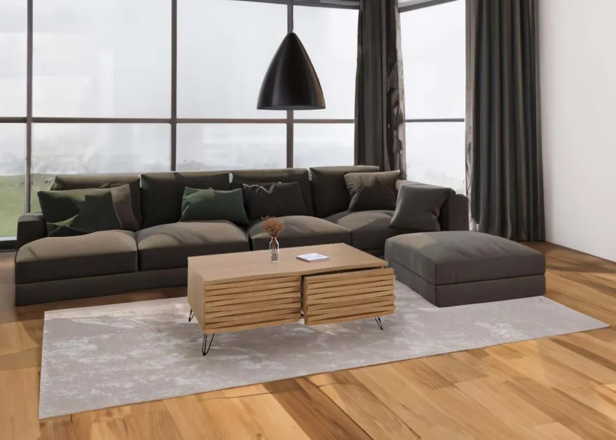 Couchtisch HWC-M49, 3D-Design 2 Schubladen MDF Metall 46x110x55cm