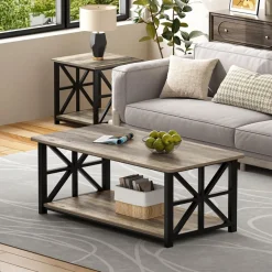 Couchtisch Runde Ecke 100cm Holz Metall Regal Sandeiche Rustikales Design