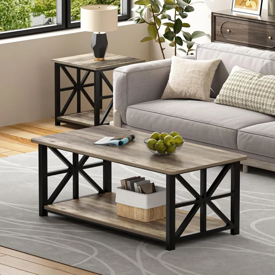 Couchtisch Runde Ecke 100cm Holz Metall Regal Sandeiche Rustikales Design