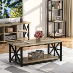 Couchtisch Runde Ecke 100cm Holz Metall Regal Sandeiche Rustikales Design
