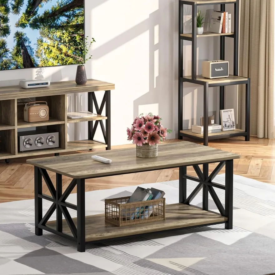 Couchtisch Runde Ecke 100cm Holz Metall Regal Sandeiche Rustikales Design