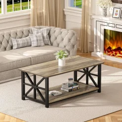 Couchtisch Runde Ecke 100cm Holz Metall Regal Sandeiche Rustikales Design