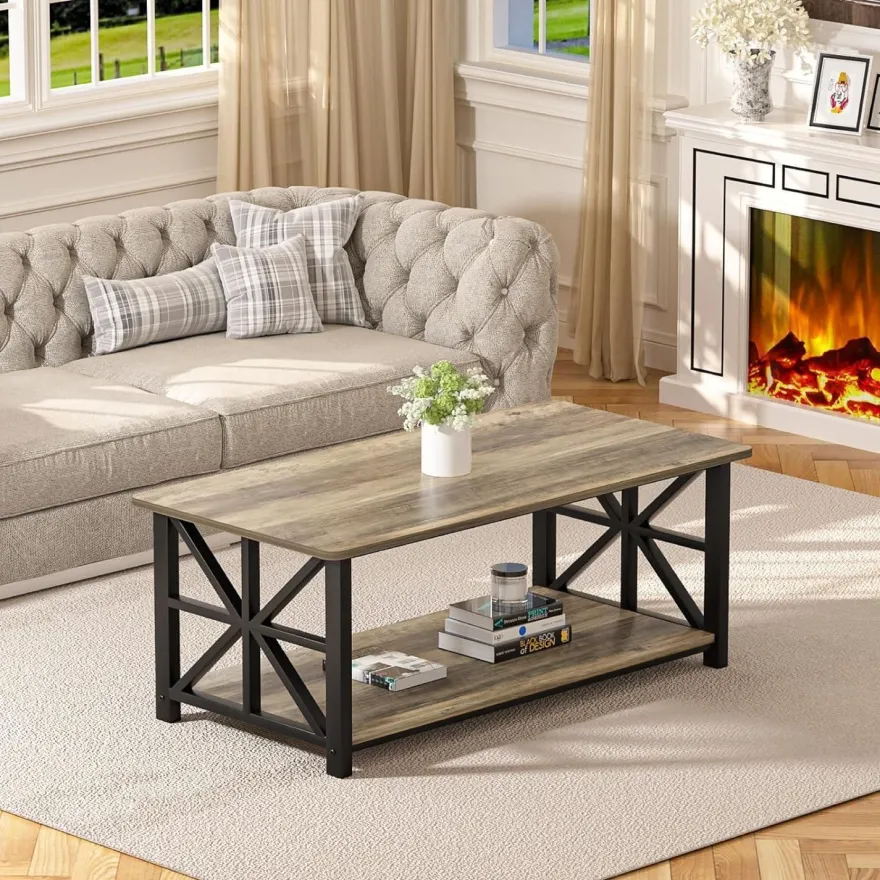 Couchtisch Runde Ecke 100cm Holz Metall Regal Sandeiche Rustikales Design