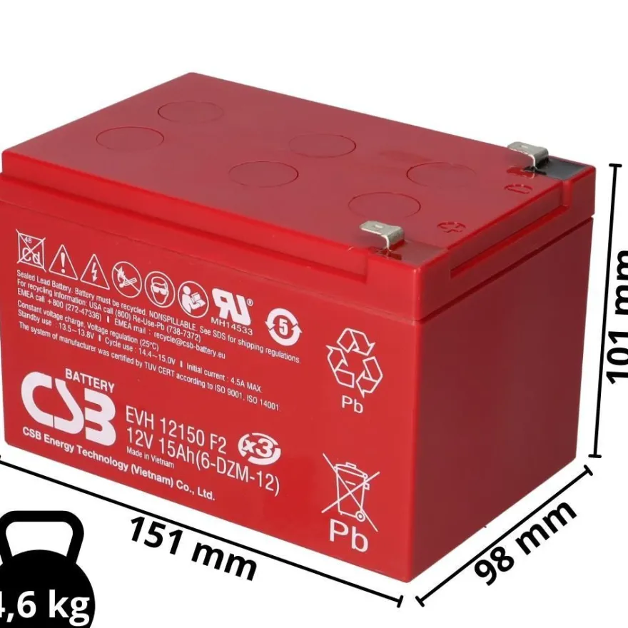 CSB EVH12150 High-Cycle AGM Bleiakku 12V 15Ah T2 / Faston 6,3 mm