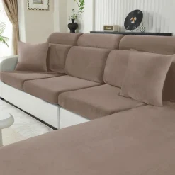 Cycmaco Samt Sitzkissenbezug für Sofas, Stretch, rutschfest, waschbar, Khaki