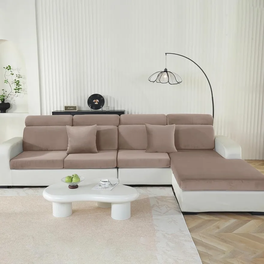 Cycmaco Samt Sitzkissenbezug für Sofas, Stretch, rutschfest, waschbar, Khaki