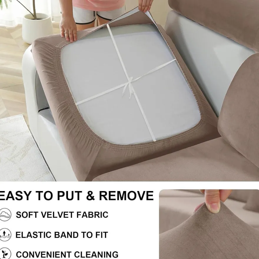 Cycmaco Samt Sitzkissenbezug für Sofas, Stretch, rutschfest, waschbar, Khaki