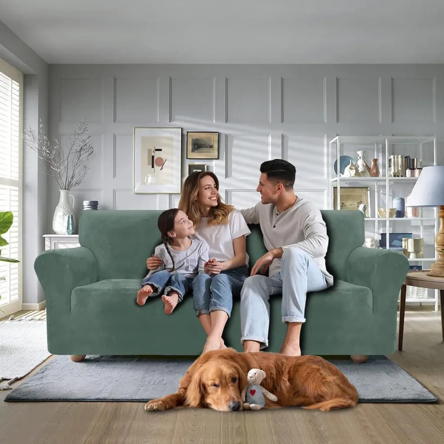 Cycmaco Samt Sofa Überzug 2 Sitzer, elastisch, rutschfest, hellgrün