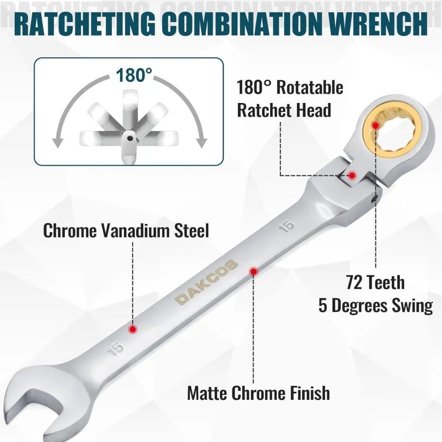 DAKCOS Kombi-Ratschenschlüssel 17mm mit Gelenk, CR-V, mattierte Chromoberfläche