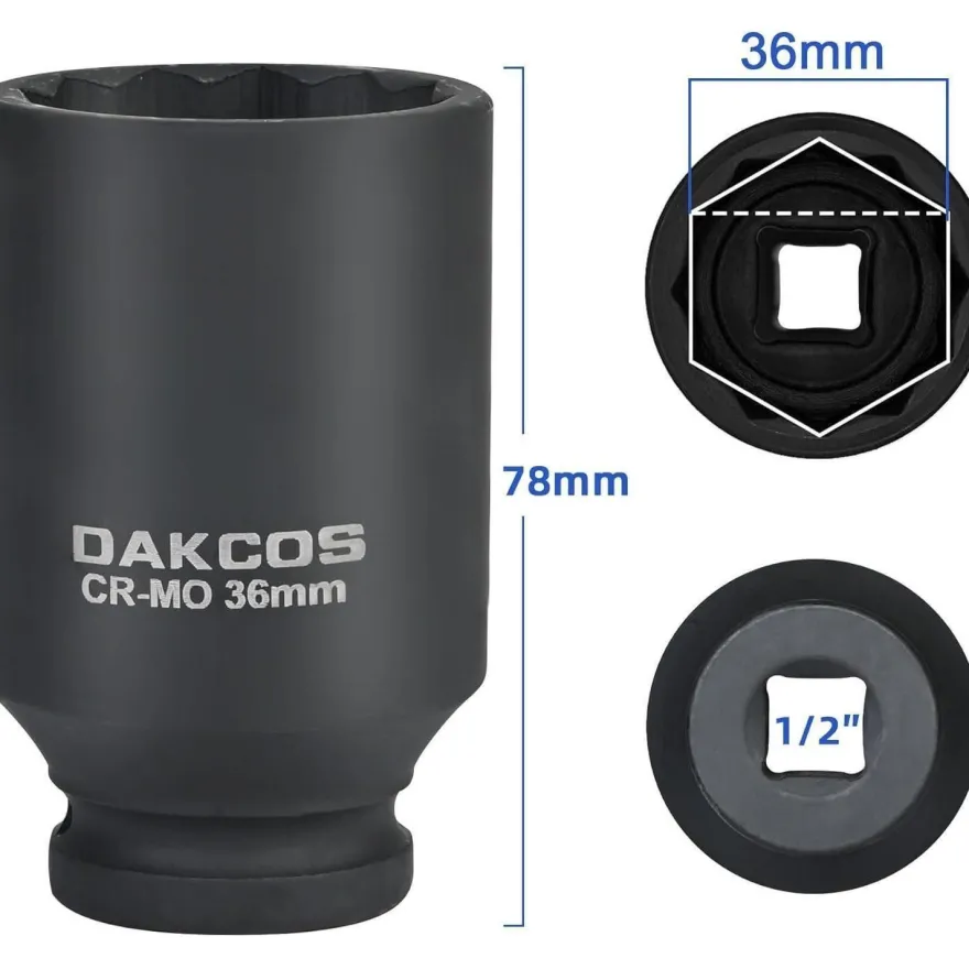 DAKCOS 36mm Vielzahn Nuss, 12 Kant, 1/2 Zoll Antrieb, Schlagschrauber-Ausführung