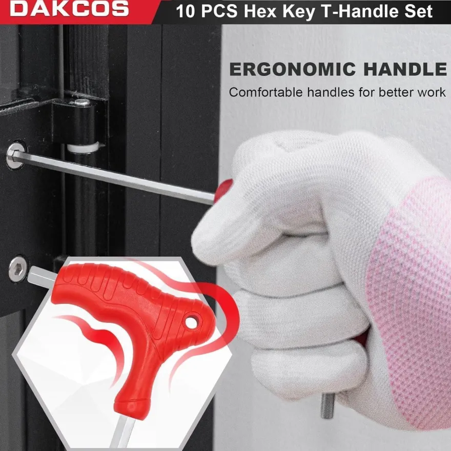 DAKCOS 10-teiliges Sechskantschlüssel Set mit T-Griff und Quergriffen, SAE/INCH