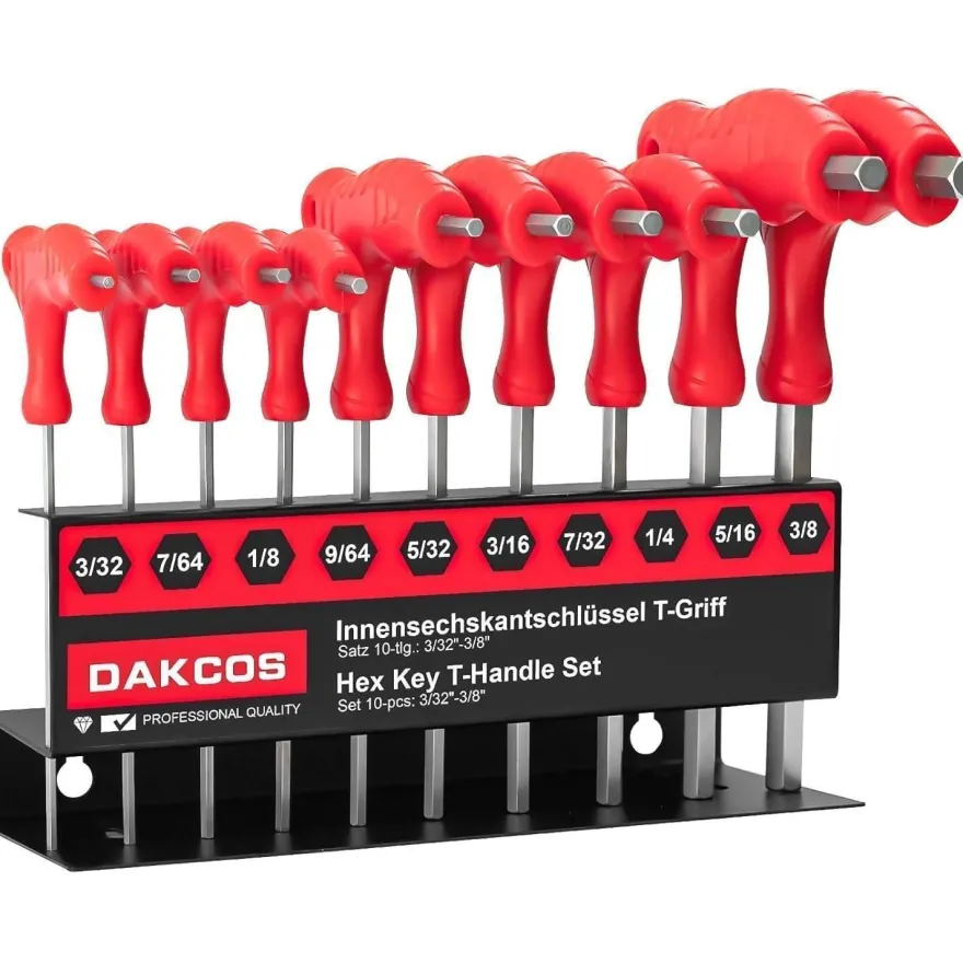 DAKCOS 10-teiliges Sechskantschlüssel Set mit T-Griff und Quergriffen, SAE/INCH