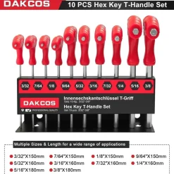 DAKCOS 10-teiliges Sechskantschlüssel Set mit T-Griff und Quergriffen, SAE/INCH