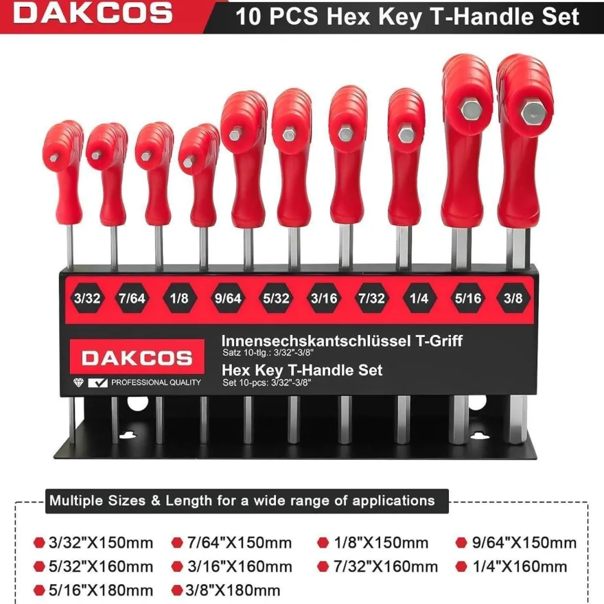 DAKCOS 10-teiliges Sechskantschlüssel Set mit T-Griff und Quergriffen, SAE/INCH