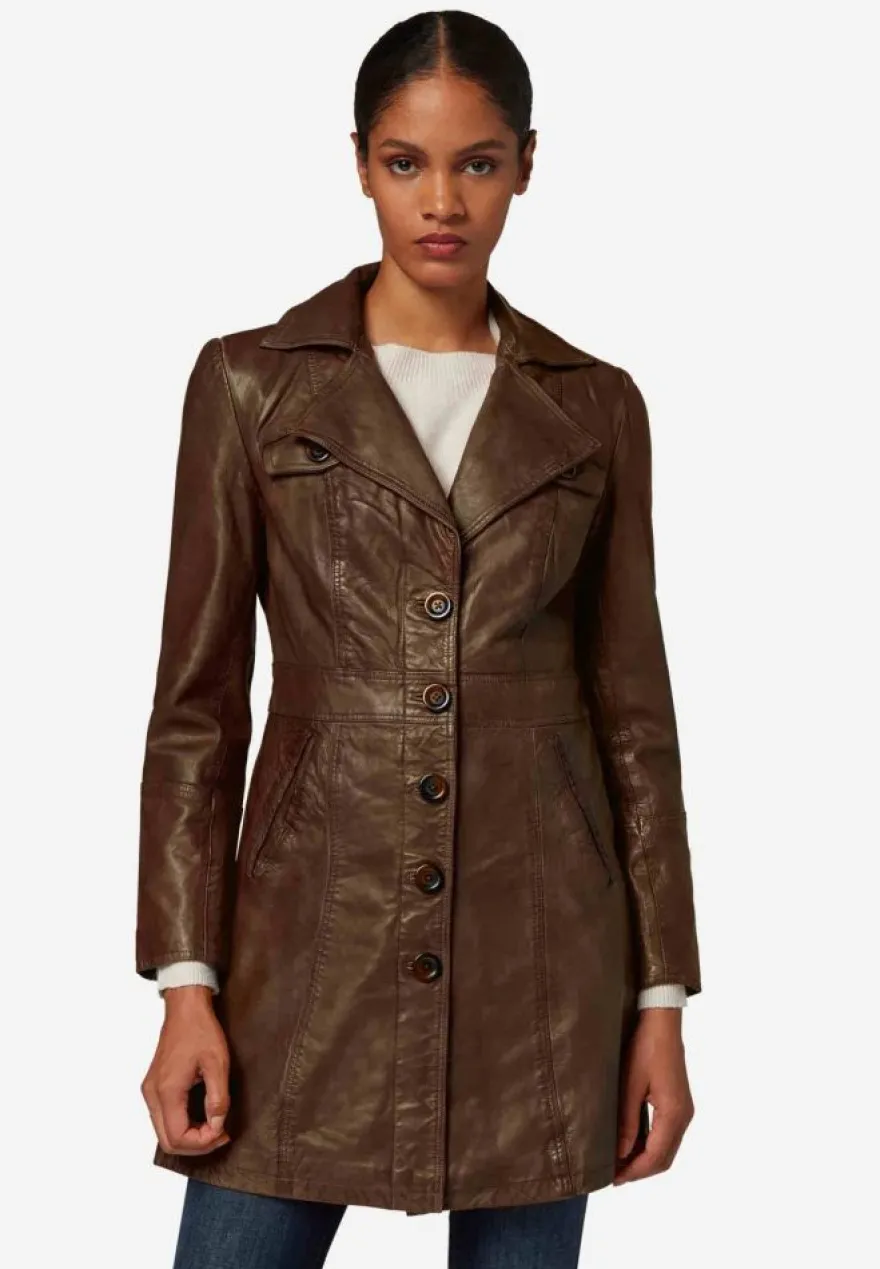 Damen Ledermantel Ricano Lucy Braun Echt Lammnappa Leder Kurzmantel Slim Fit Revers