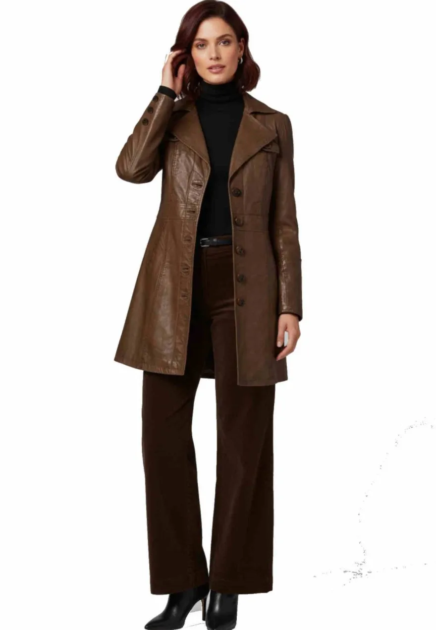 Damen Ledermantel Ricano Lucy Braun Echt Lammnappa Leder Kurzmantel Slim Fit Revers