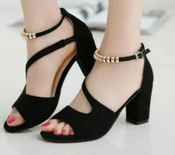 Damen-Sandale niedriger mittlerer Absatz Block Peep Toe Knochelriemen Riemen Freizeit