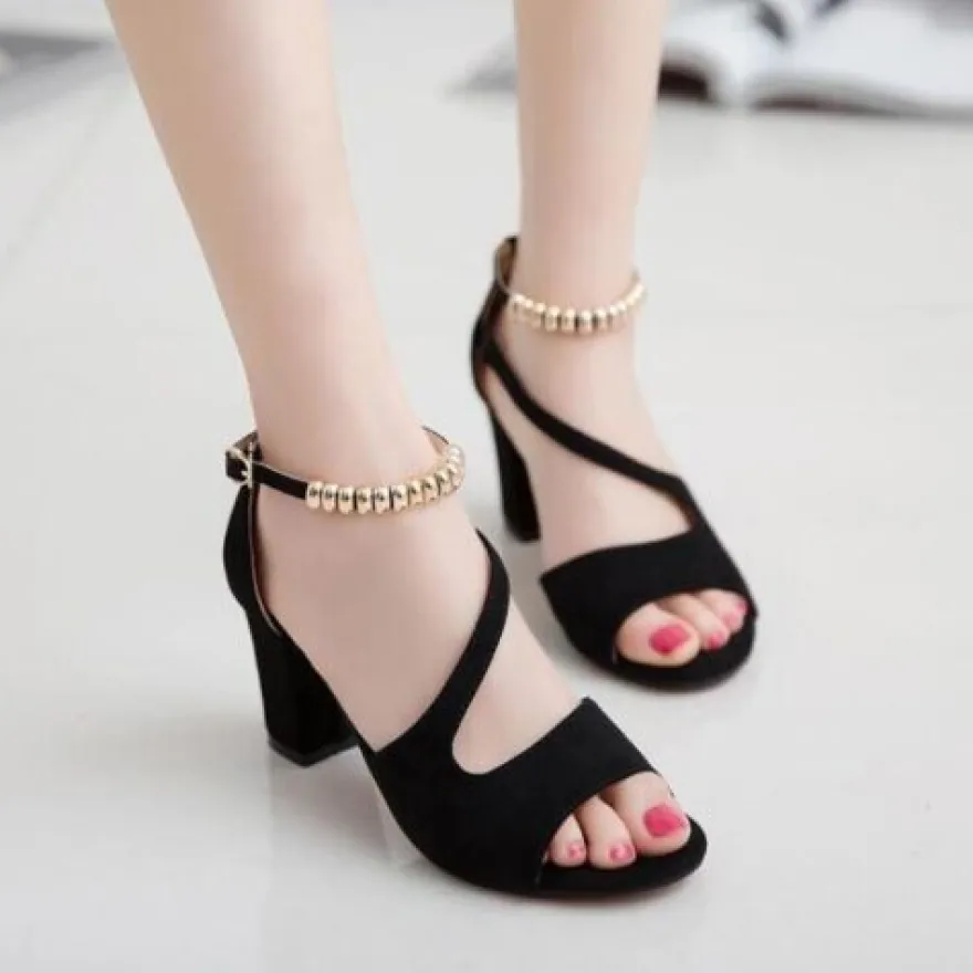 Damen-Sandale niedriger mittlerer Absatz Block Peep Toe Knochelriemen Riemen Freizeit