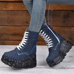 Damen Stiefeletten Mit Keilabsatz Plattform Frauen Lassig Party Schnuren Schuhe