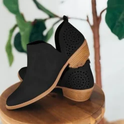 Damen Stiefeletten Runder Zeh Kurzer Bootie Frauen Retro Gehen Schlupfen Schuhe