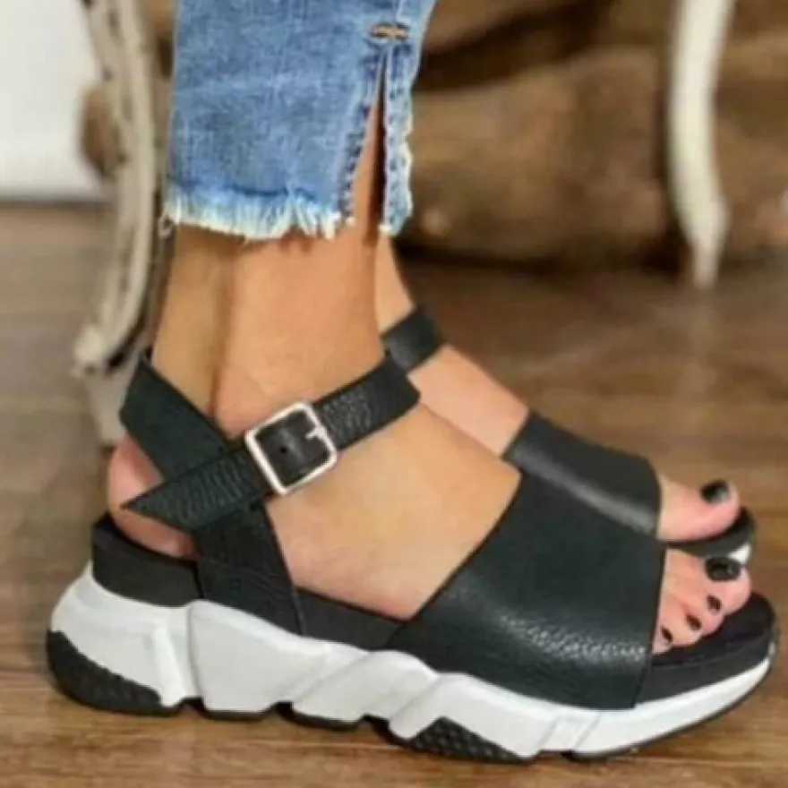 DE Damen Sommer Freizeit Plateau Offen Keilabsatz Schuhe Sandalen Knochelriemen