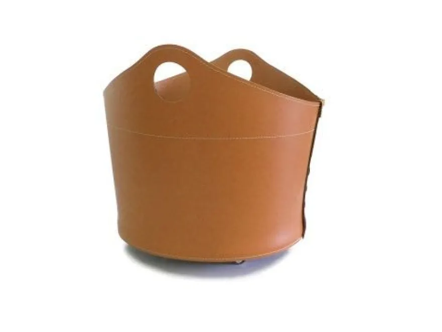 Designer Holzkorb Cadin Braun aus regeneriertem Leder mit Rollen