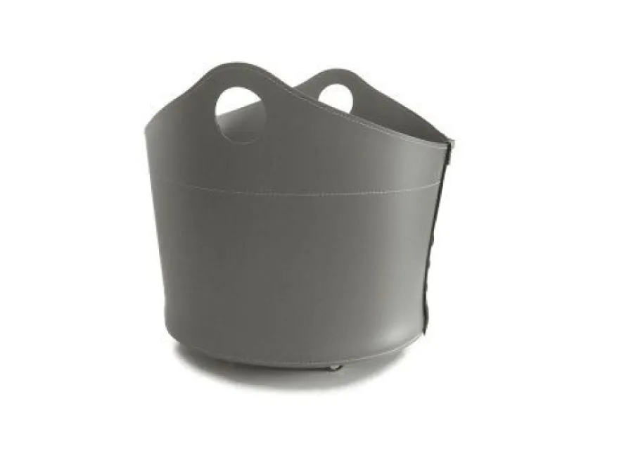 Designer Holzkorb Cadin Taupe aus regeneriertem Leder mit Rollen
