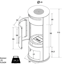 Design Ethanol Kamin rund freistehend 113 cm hoch mit Sichtfenster Schwarz Standkamin