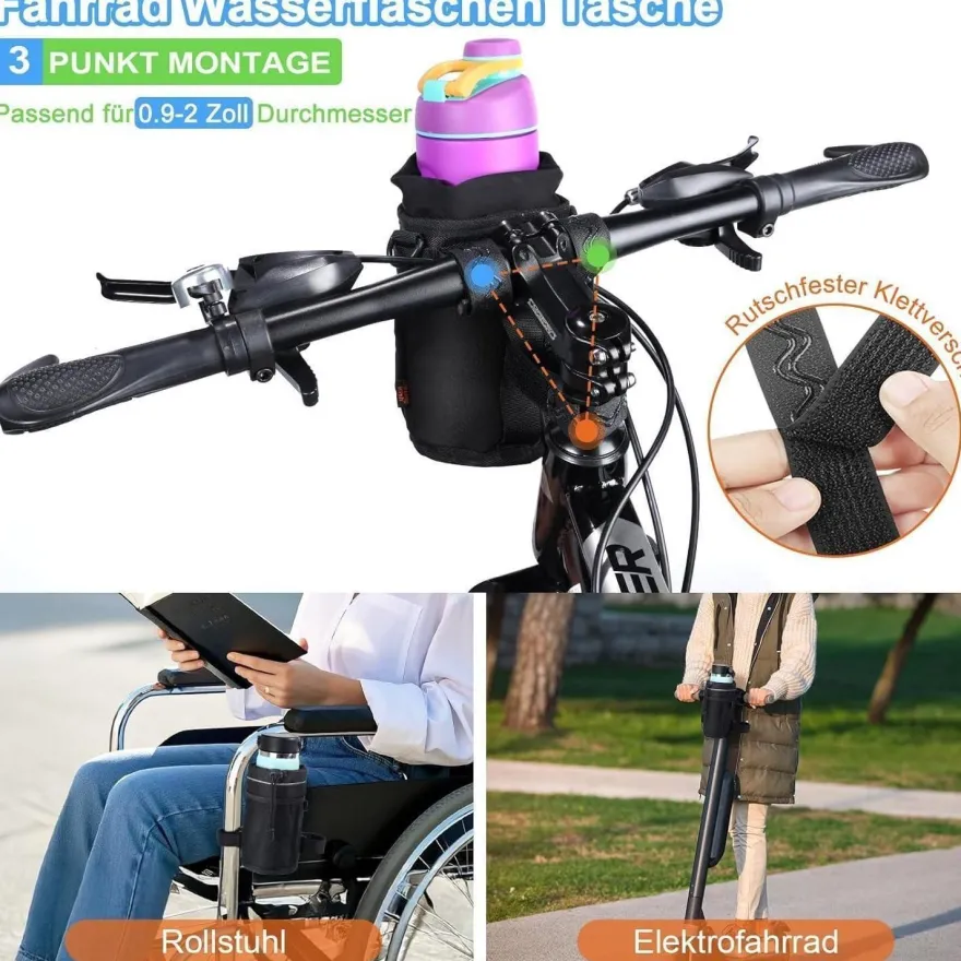 Desing Wish Fahrrad Getränkehalter mit Netztasche und Schultergurt, Schwarz