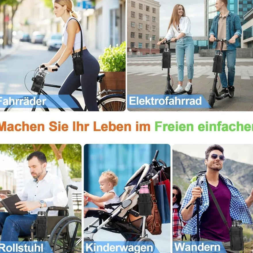 Desing Wish Fahrrad Getränkehalter mit Netztasche und Schultergurt, Schwarz