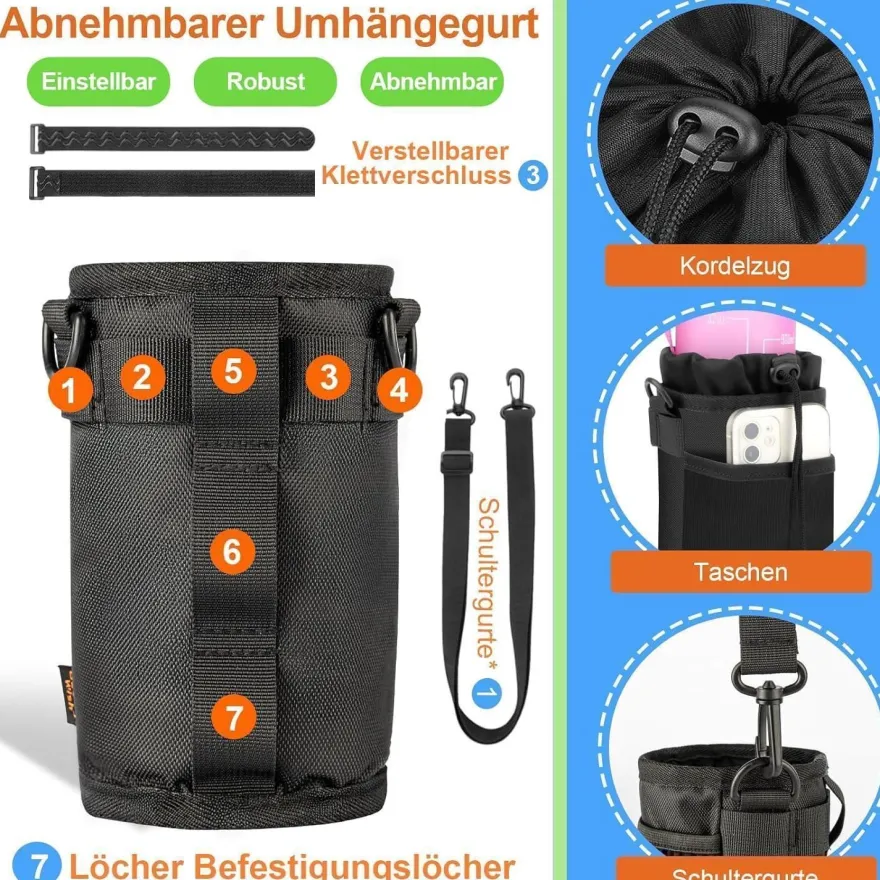 Desing Wish Fahrrad Getränkehalter mit Netztasche und Schultergurt, Schwarz