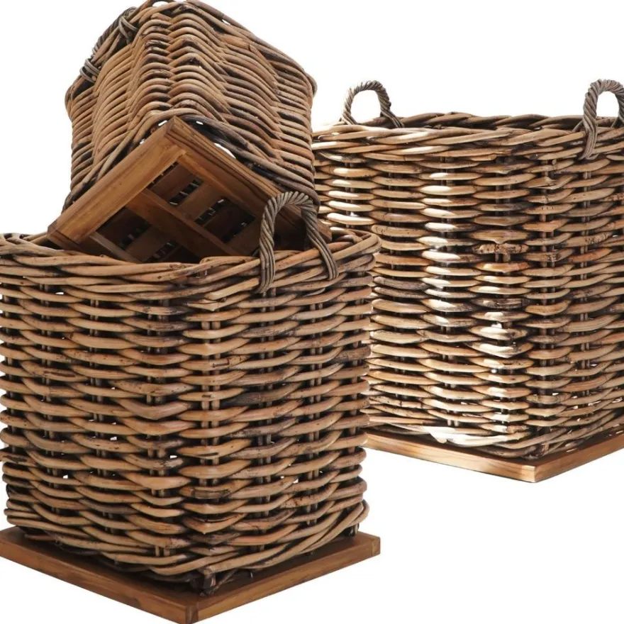 Dickes CL Rattan Korb Cestino braun ca.70cm Teakbodenplatte Pflanzkorb Griffe