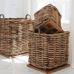 Dickes CL Rattan Korb Cestino braun ca.70cm Teakbodenplatte Pflanzkorb Griffe