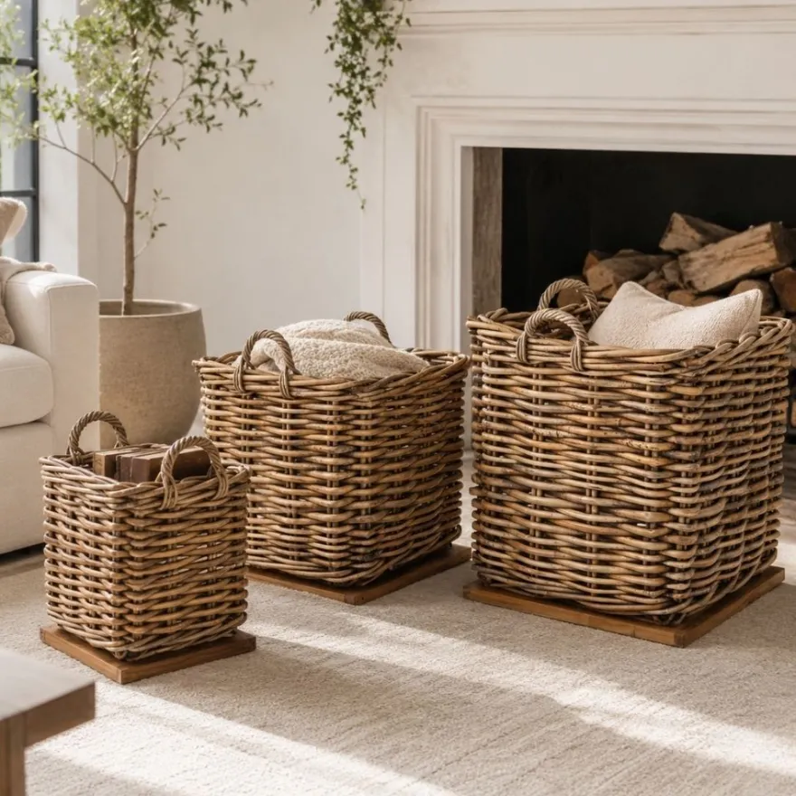 Dickes CL Rattan Korb Cestino braun ca.70cm Teakbodenplatte Pflanzkorb Griffe