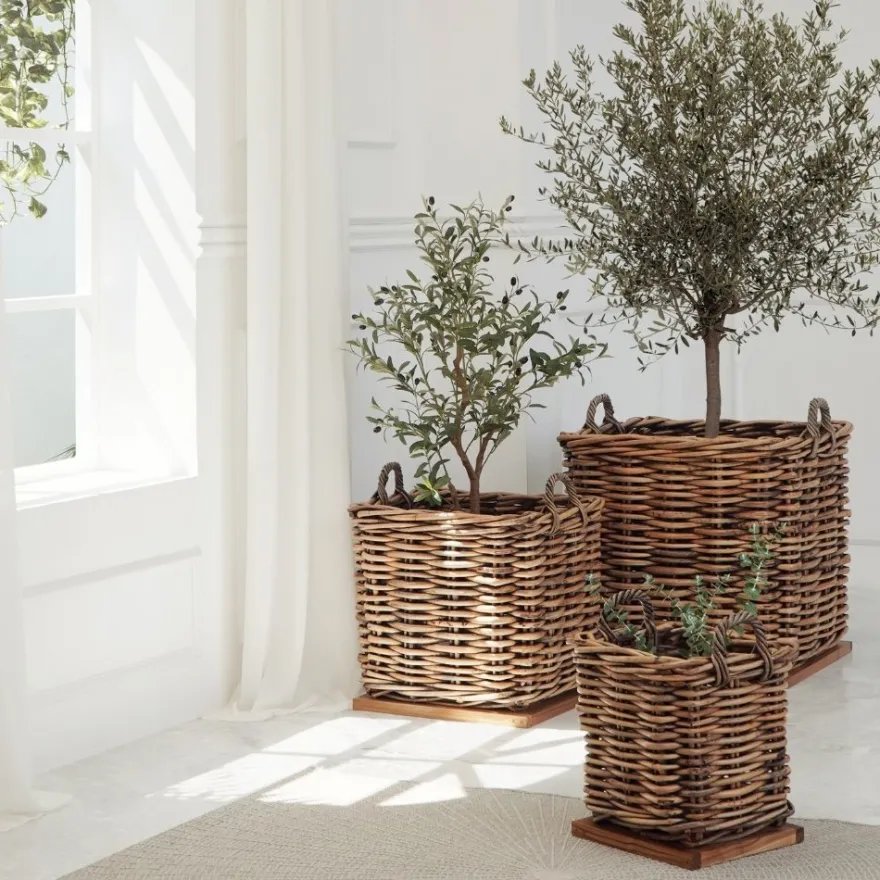 Dickes CL Rattan Korb Cestino braun ca.70cm Teakbodenplatte Pflanzkorb Griffe