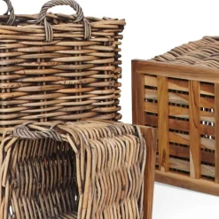 Dickes CL Rattan Korb Cestino braun ca.70cm Teakbodenplatte Pflanzkorb Griffe