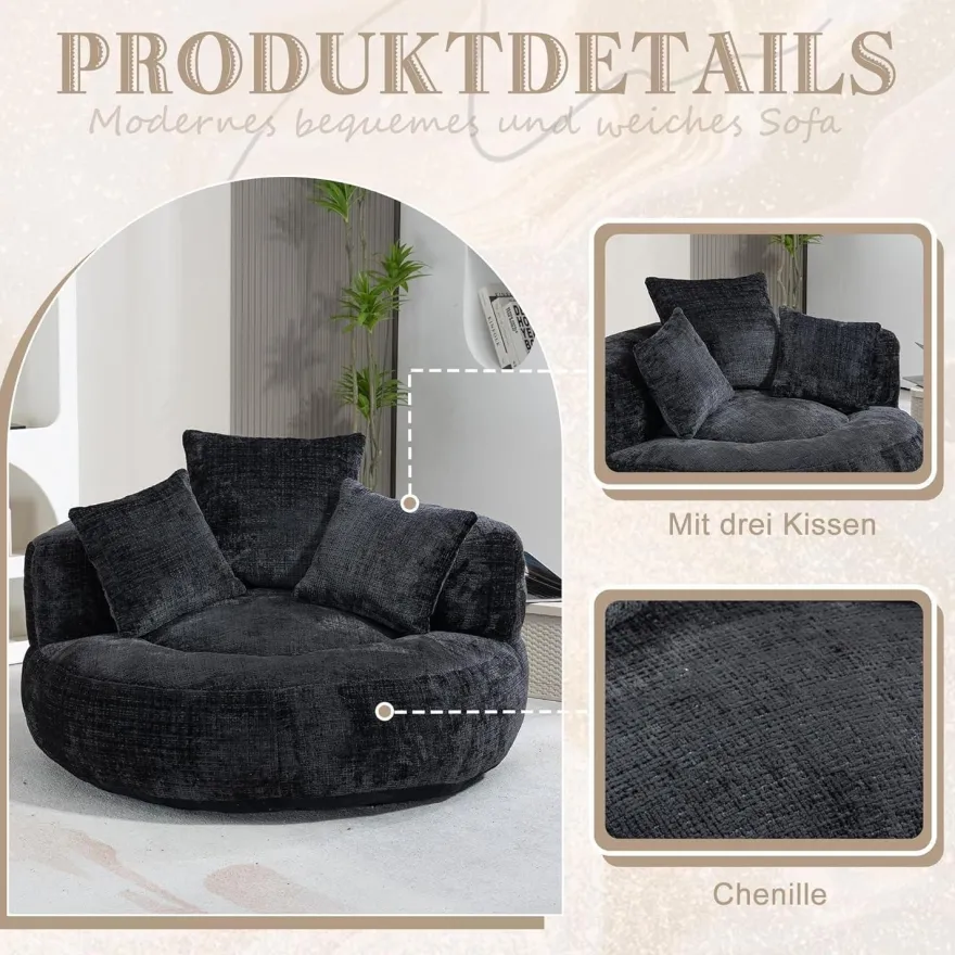 Dolamaní Lazy Sofa Sitzsack Stuhl Couch Lounger mit 3 Kissen, Schwarz
